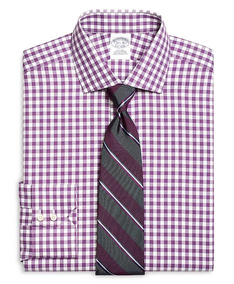 Erkek mor/beyaz non-iron yarım kravat yaka klasik gömlek
