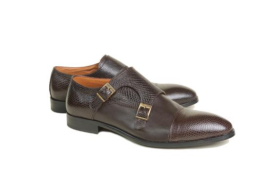 Erkek kahverengi el yapımı çift tokalı klasik ayakkabı