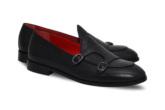 Erkek siyah el yapımı klasik çift tokalı ayakkabı