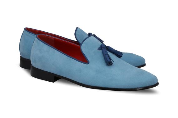 Erkek mavi el yapımı bağcıksız klasik ayakkabı