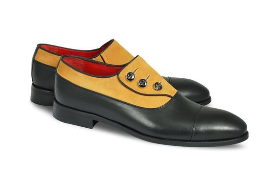 Erkek siyah el yapımı bağcıksız düğmeli klasik ayakkabı