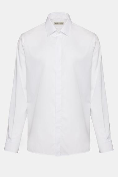 Erkek Beyaz Cooper Fit Kravat Yaka Gizli Patlı Smokin Gömleği